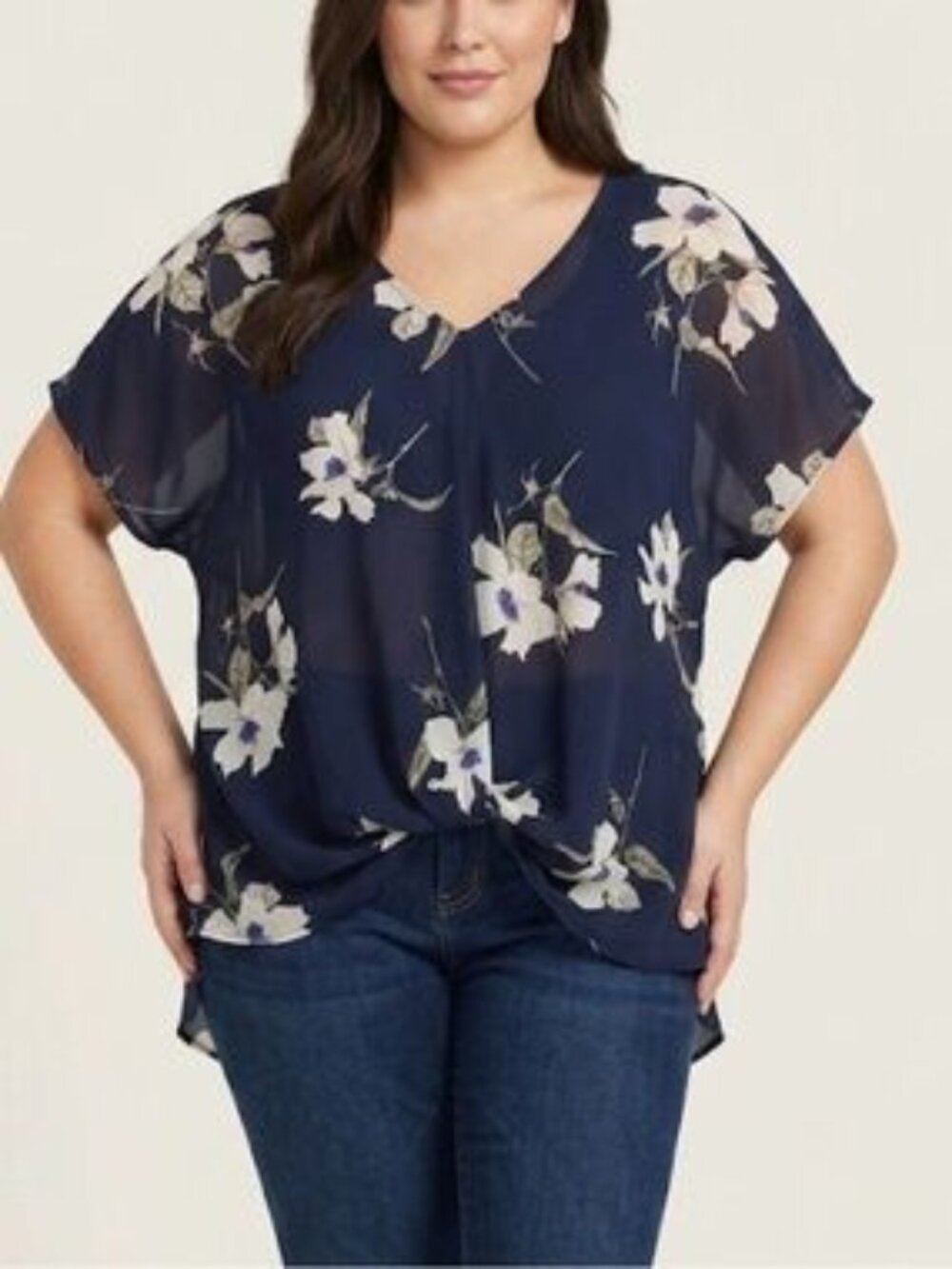 West Kei Women's Navy Floral V-Neck Blouse Size XXL
